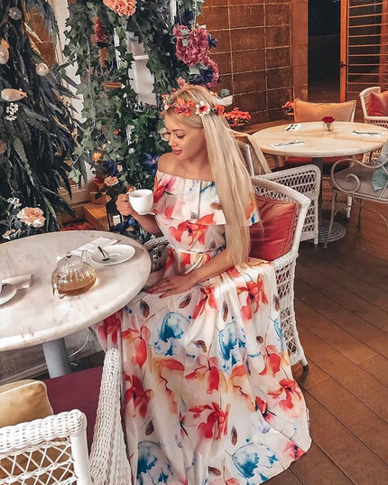 Langes Kleid mit Rüschen - bunt gemalte Blumen by numoco