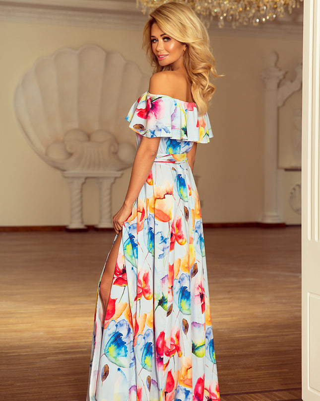 Langes Kleid mit Rüschen - bunt gemalte Blumen by numoco