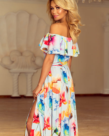 Langes Kleid mit Rüschen - bunt gemalte Blumen by numoco