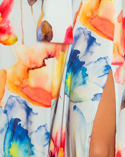 Langes Kleid mit Rüschen - bunt gemalte Blumen by numoco