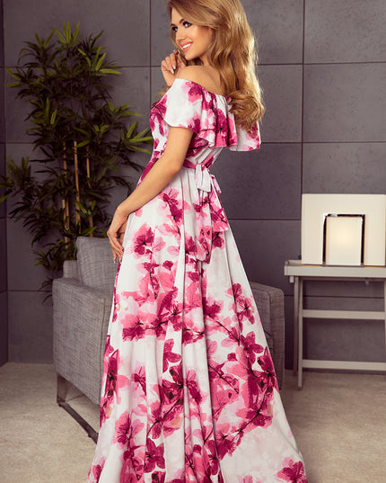 Langes Kleid mit Rüschen - große rosa Blumen