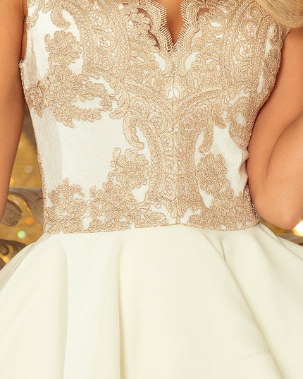 CHARLOTTE - Exklusives Kleid mit Spitzen-Ausschnitt - gold / beige + ecru