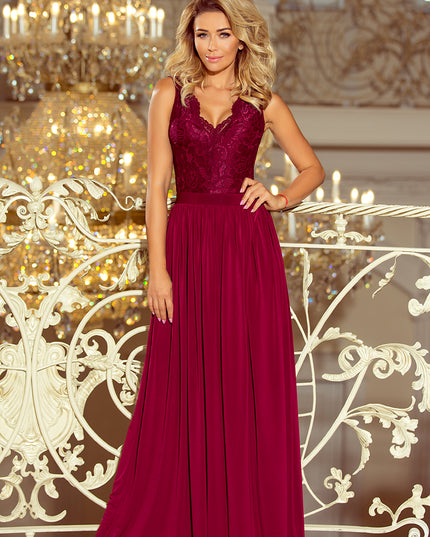 LEA langes Kleid mit Spitzen-Ausschnitt - Burgunder Farbe