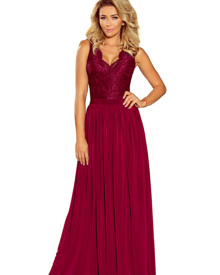 LEA langes Kleid mit Spitzen-Ausschnitt - Burgunder Farbe