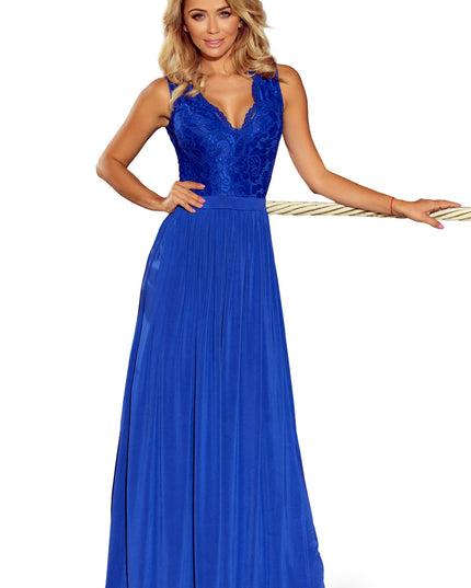 LEA langes Kleid mit Spitzen-Ausschnitt - blau