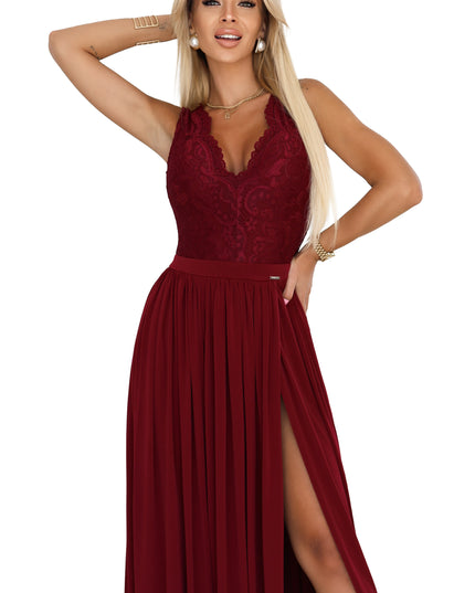 20789-9-LEA long dress with a lace neckline and a leg slit - burgundy-9