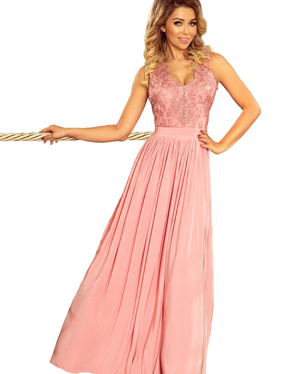 12823-5-215-3 LEA langes ärmelloses Kleid mit aufgesticktem Dekolleté - rosa-5