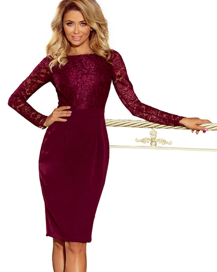 EMMA elegantes Bleistiftkleid mit Spitze - Burgunder Farbe