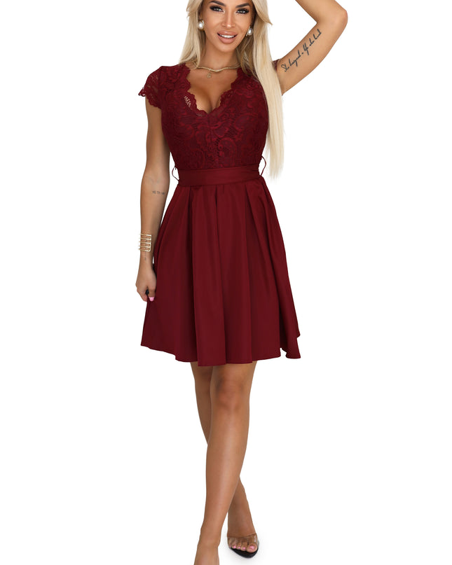 20785-6-ANNA Lace dress with a neckline and flared skirt - burgundy-6