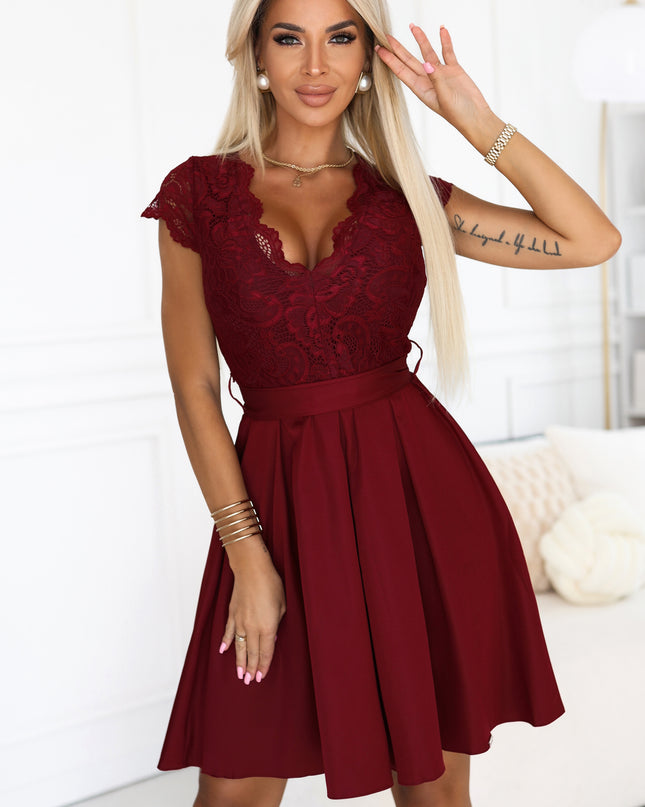 20785-1-ANNA Lace dress with a neckline and flared skirt - burgundy-1