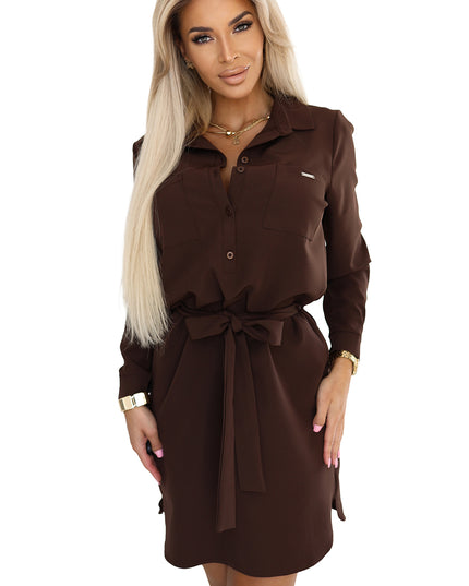 20614-7-CAMILLE Hemdblusenkleid mit Taschen und Bindebändern - Schokolade-7
