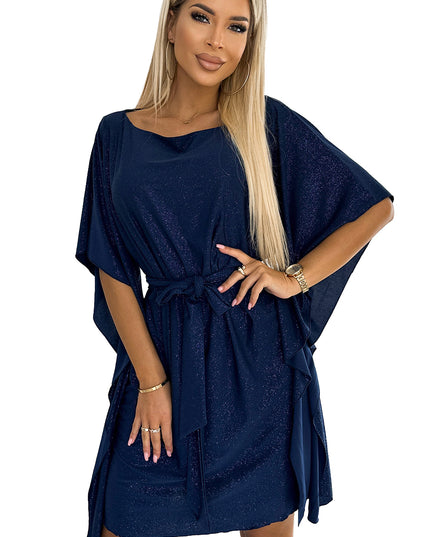 18546-6-287-25 SOFIA Schmetterlingskleid mit Bindeband in der Taille - Marineblau mit Glitzer-6
