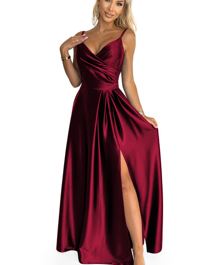 18468-7-299-13 CHIARA elegantes Maxikleid aus Satin mit Trägern - weinrote Farbe-7