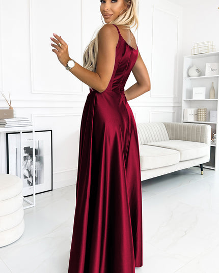 18468-3-299-13 CHIARA elegantes Maxikleid aus Satin mit Trägern - weinrote Farbe-3