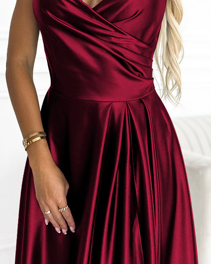 18468-6-299-13 CHIARA elegantes Maxikleid aus Satin mit Trägern - weinrote Farbe-6