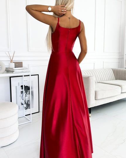 18472-3-299-14 CHIARA elegantes Maxikleid aus Satin mit Trägern - rote Farbe-3
