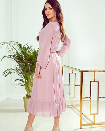 14273-2-304-1 Chiffon Midikleid mit Ausschnitt und Rüschen - schmutziges Pink-2