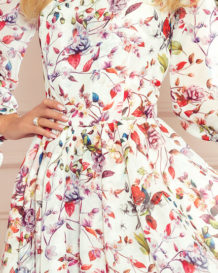 15113-5-305-1 ZOE Kleid mit Ausschnitt - bunte Blumen auf einem hellen Hintergrund-5