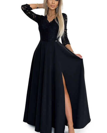 18986-7-309-11 AMBER Spitze, elegantes langes Kleid mit Ausschnitt und Beinschlitz - Schwarz-7