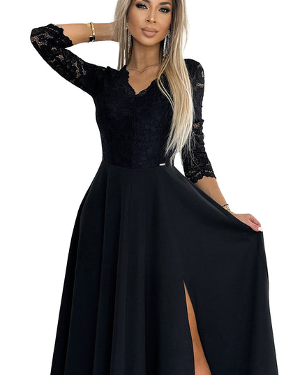 18986-8-309-11 AMBER Spitze, elegantes langes Kleid mit Ausschnitt und Beinschlitz - Schwarz-8