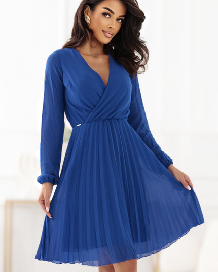 20775-1-ISABELLE Elegantes Plisseekleid mit Ausschnitt und langen Ärmeln - Kornblumenblau-1