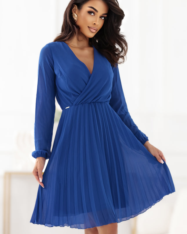 20775-1-ISABELLE Elegantes Plisseekleid mit Ausschnitt und langen Ärmeln - Kornblumenblau-1