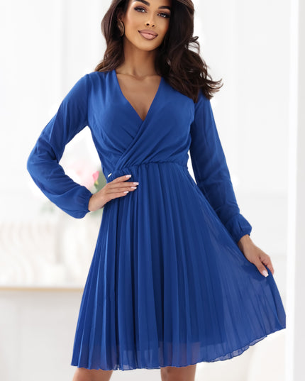 20775-5-ISABELLE Elegantes Plisseekleid mit Ausschnitt und langen Ärmeln - Kornblumenblau-5
