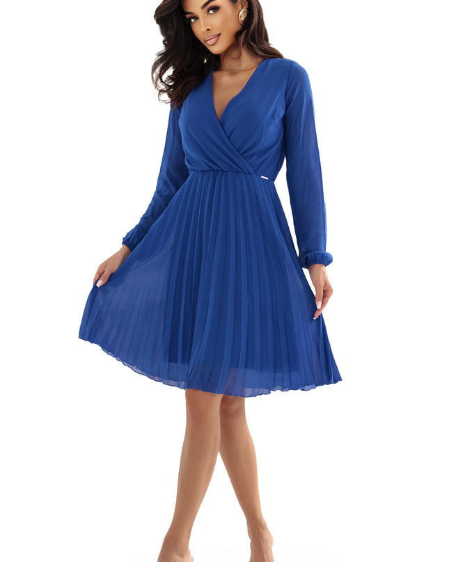 20775-8-ISABELLE Elegantes Plisseekleid mit Ausschnitt und langen Ärmeln - Kornblumenblau-8