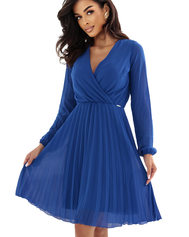 20775-9-ISABELLE Elegantes Plisseekleid mit Ausschnitt und langen Ärmeln - Kornblumenblau-9