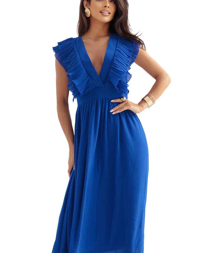 20738-11-YANA Midikleid mit plissierten Rüschen und Ausschnitt - Kornblumenblau-11