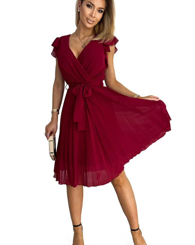 17092-7-374-2 POLINA Faltenkleid mit Ausschnitt und Rüschen - weinrote Farbe-7