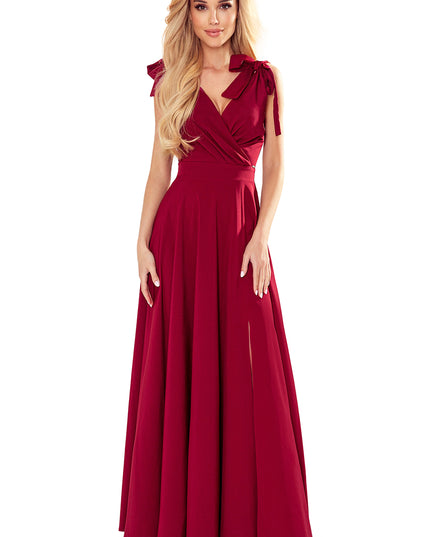17131-6-405-1 ELENA Langes Kleid mit Ausschnitt und Bändern an den Schultern - weinrote Farbe-6