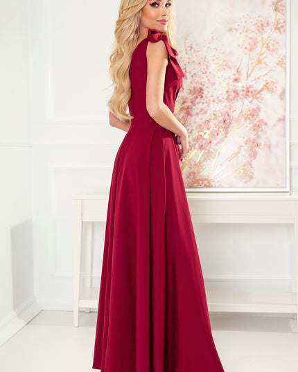 17131-2-405-1 ELENA Langes Kleid mit Ausschnitt und Bändern an den Schultern - weinrote Farbe-2