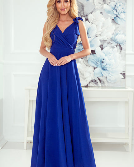 17121-3-405-2 ELENA Langes Kleid mit Ausschnitt und Bändern an den Schultern - blau-3
