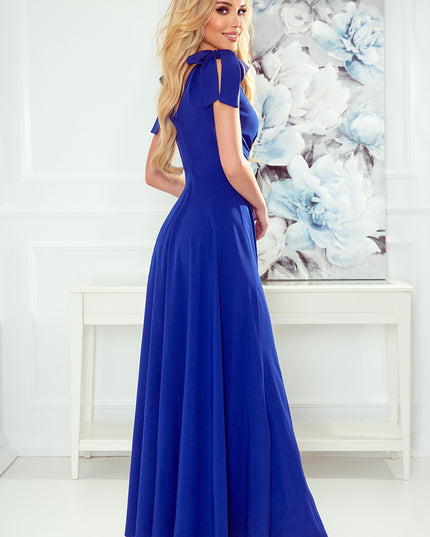 17121-2-405-2 ELENA Langes Kleid mit Ausschnitt und Bändern an den Schultern - blau-2