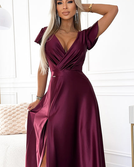 19017-4-411-10 CRYSTAL Langes Kleid aus Satin mit Ausschnitt - weinrote Farbe-4