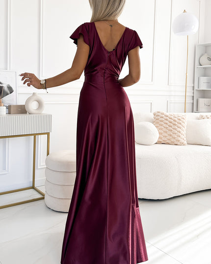 19017-3-411-10 CRYSTAL Langes Kleid aus Satin mit Ausschnitt - weinrote Farbe-3