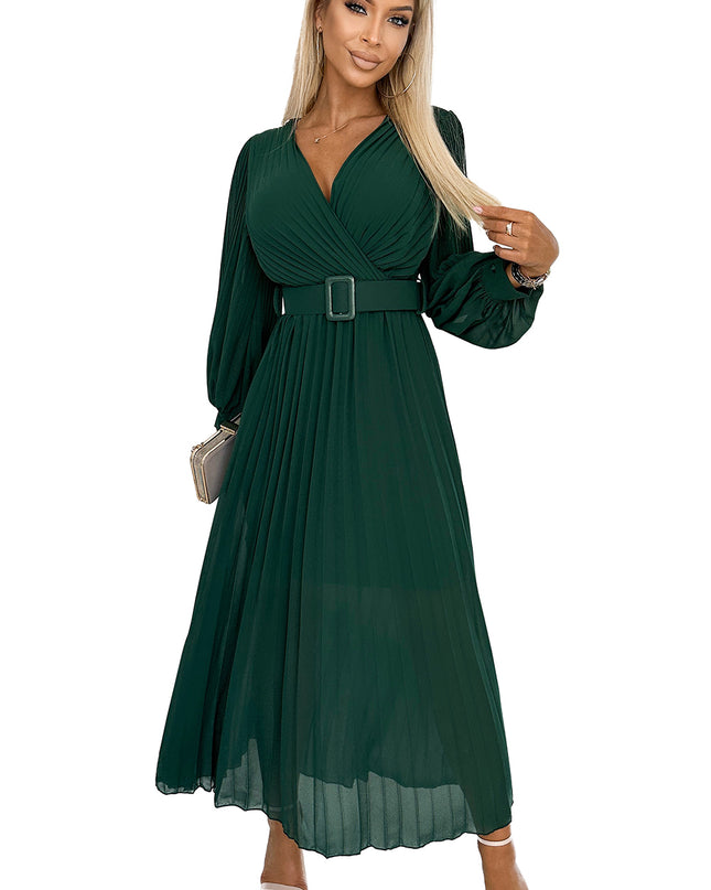 17492-7-414-1 KLARA Faltenkleid mit Gürtel und Ausschnitt - Flaschengrün-7