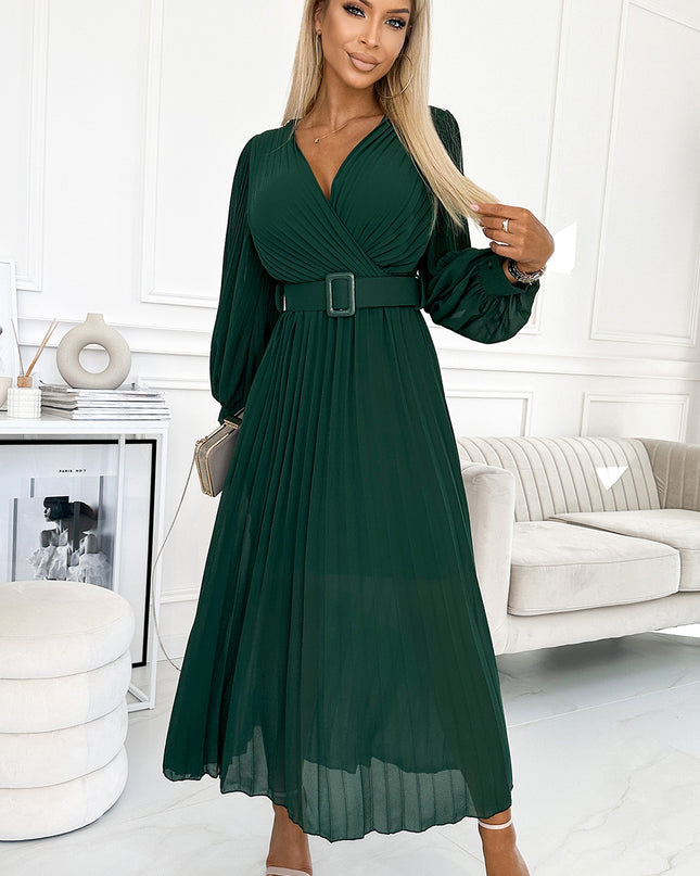 17492-1-414-1 KLARA Faltenkleid mit Gürtel und Ausschnitt - Flaschengrün-1