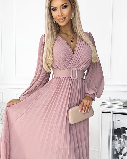 17364-5-414-2 KLARA Faltenkleid mit Gürtel und Ausschnitt - puderrosa-5