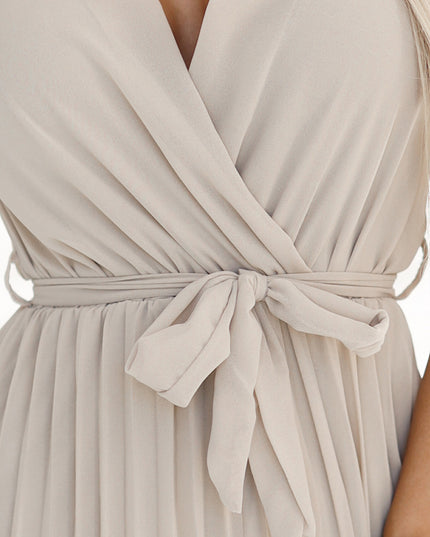 19931-5-Chiffon-Plissee-Kleid mit Ausschnitt und Rüschen - beige-5