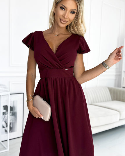 18272-3-425-4 MATILDE Kleid mit Ausschnitt und kurzen Ärmeln - weinrote Farbe-3