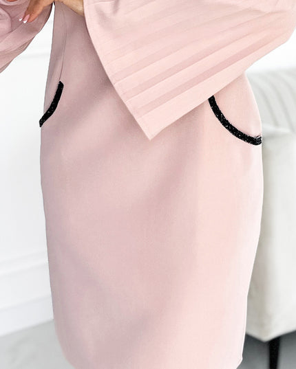 17642-5-Kleid mit plissierten Ärmeln und Taschen - Puderrosa-5
