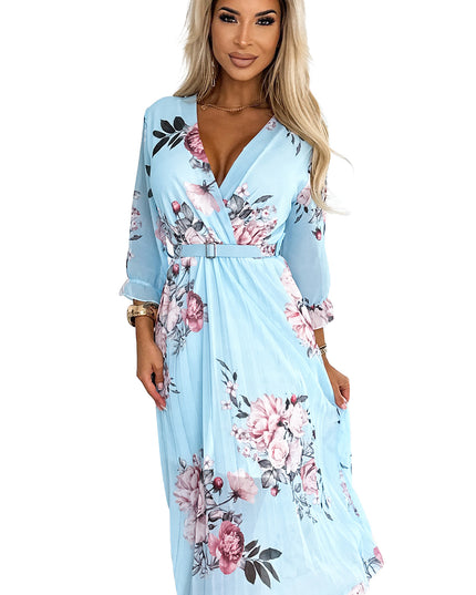 YUNA Plissiertes Midikleid mit Ausschnitt und Gürtel - Rosen auf blauem Hintergrund by numoco basic