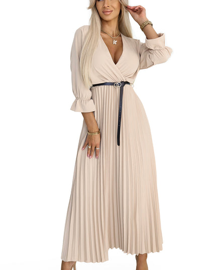 20287-7-SERENA Plissiertes Maxikleid mit Ausschnitt, Gürtel und 3/4-Ärmeln - DUNKELBEIGE-7