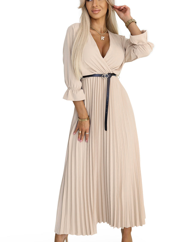 20287-7-SERENA Plissiertes Maxikleid mit Ausschnitt, Gürtel und 3/4-Ärmeln - DUNKELBEIGE-7