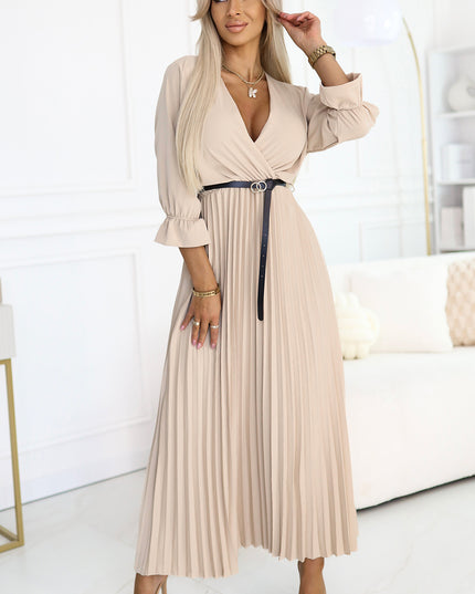 20287-1-SERENA Plissiertes Maxikleid mit Ausschnitt, Gürtel und 3/4-Ärmeln - DUNKELBEIGE-1