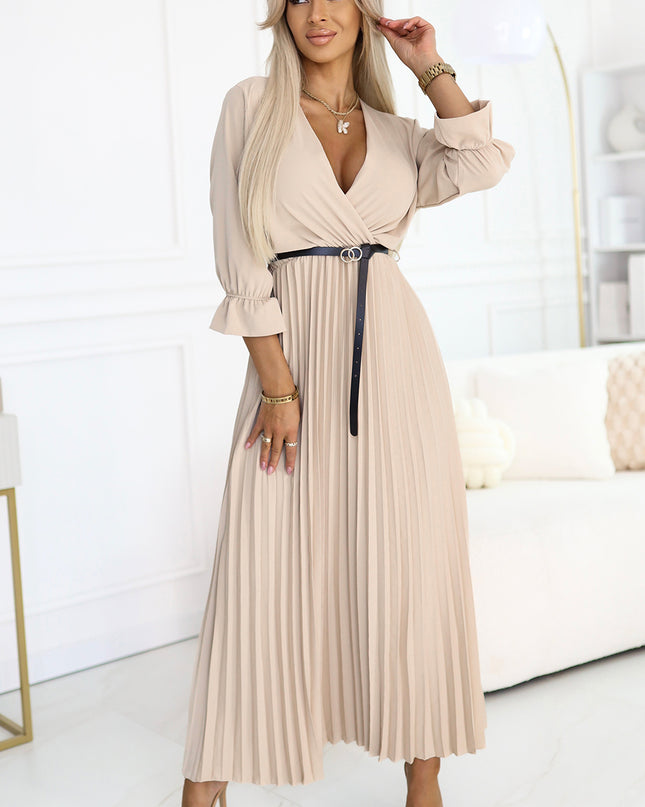 20287-1-SERENA Plissiertes Maxikleid mit Ausschnitt, Gürtel und 3/4-Ärmeln - DUNKELBEIGE-1