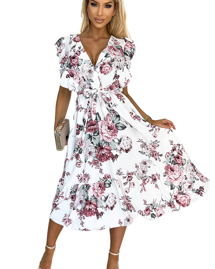 GABRIELLA Kleid mit Rüschen, Ausschnitt und Bindung – weiß mit burgunderfarbenen Rosen by numoco basic