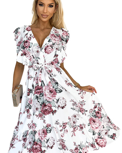 GABRIELLA Kleid mit Rüschen, Ausschnitt und Bindung – weiß mit burgunderfarbenen Rosen by numoco basic